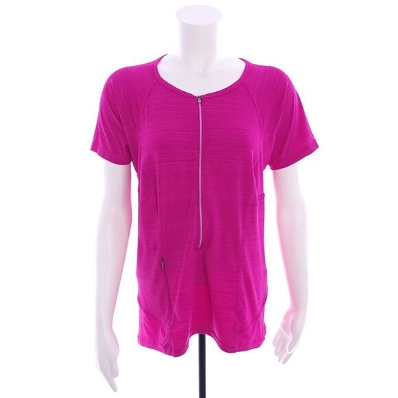 Athleta Women's Size Large Solid Pink Short Sleeve Zipper Shirt - Picture 1 of 10